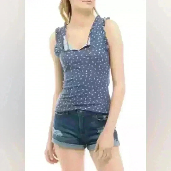 True Craft Tops - True Craft blue and white floral ruffle ribbed tank top size L